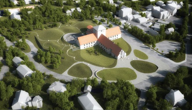 På andreplass kom forslaget Vikingetiden på ny av JAJA Architects/Coast studio. Juryen skriver at bidraget «med et lavmælt og organisk grep skaper et nytt museumslandskap over og under bakken tilpasset stedet og Arnebergs arkitektur». Foto: JAJA Architects/Coast studio/Statsbygg