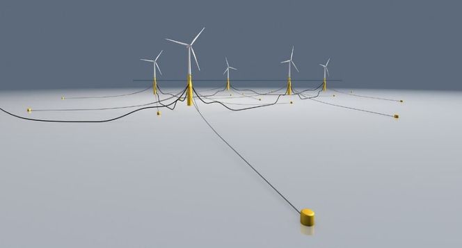 Her ser man hvordan sugeankrene og kjettingene skal holde de store flytende vindmøllene fast på havbunnen på 100 meters dyp. Foto: Statoil