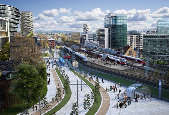 Knutepunktsutvikling på Skøyen, der Fornebubanen er regnet som en avgjørende del i å møte den ventede befolkningsveksten i området, og åtte nye togsett i timen skal gi sårt tiltrengt avlastning for veinettet rundt hovedstaden. <span>(Illustrasjon: Ruter)</span> Bilde: Ruter