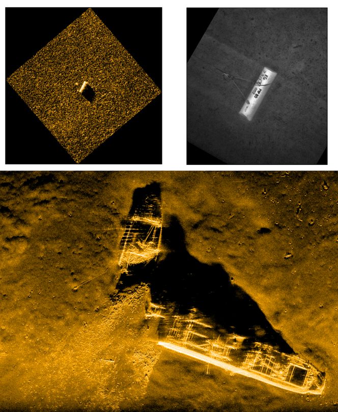 Kartlegging: Hugin har fotografert gamle skipsvrak med ammunisjon. Bildet er tatt med en HISAS 1030 syntetisk aperture-sonar, i 25 meters flyvehøyde på cirka 628 meters dyp. De to bildene øverst viser hvordan Hugin oppdager et mistenkelig objekt, dykker nærmere gog tar nye bilder for sikker identifisering av eventuell mine. Foto: FFI/Hugin