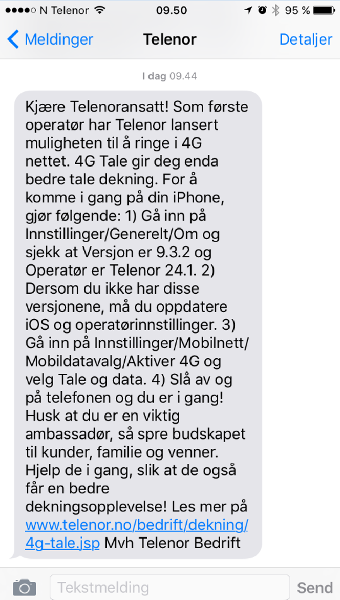 Her er tekstmeldingen Telenor sendte til 20.000 bedriftskunder i morges. Foto: Leserbidrag