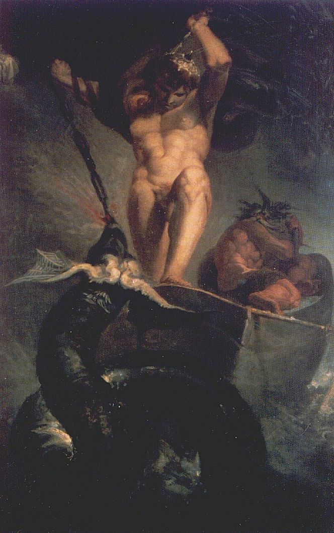 Tor i jotnen Hymes båt slåss med Midgardsormen. Maleri av Johann Heinrich Füssli fra 1788. Foto: Henry Fuseli