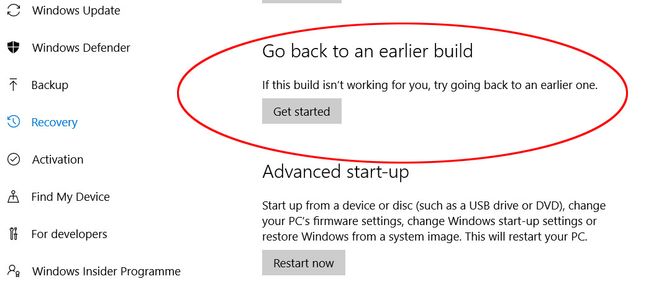 Herfra kan man rullet Windows 10 tilbake til en tidligere versjon, i engelskspråklige utgaver av Windows 10. Foto: Skjermbilde