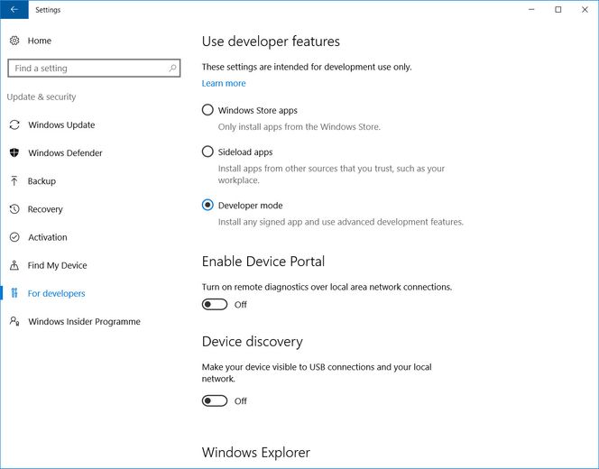 Aktiver utviklermodus i Windows 10. Foto: digi.no