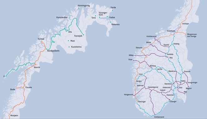 Enovas hurtigladerkart. Veiene i lilla, utlyst i mai, skal bygges av Fortum og Grønn Kontakt. Veiene i blått ble utlyst i september 2015, veiene i oransje ble utlyst i januar i år, mens de i grønt lyses ut nå. Kart: Enova