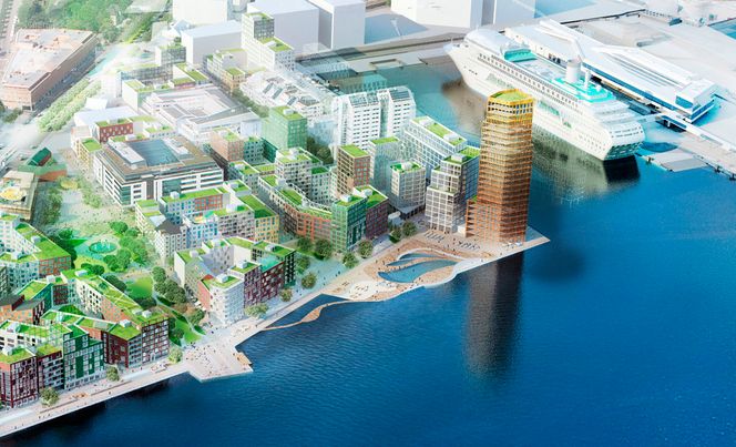 Nytt: Slik håper man at Södra Värtan vil se ut. I Värtahamnen skal fergeterminalen integreres i bolig- og næringsområde. Foto: Illustrasjon