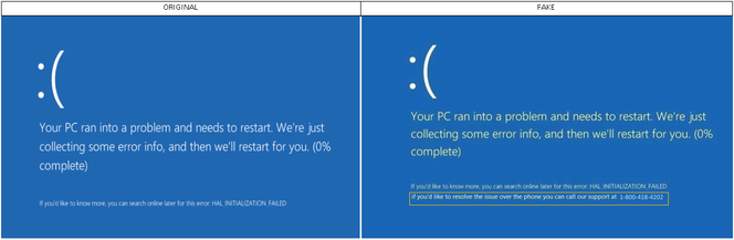 Den falske blåskjermen (til høyre), sammenlignet med den ekte (til venstre) i Windows 8.x og 10. Foto: Microsoft