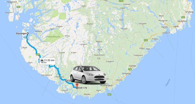 Vi anslår at Fords kommende Focus Electric får en faktisk rekkevidde på omtrent 16 mil. Foto: Google Maps/Ford/montasje