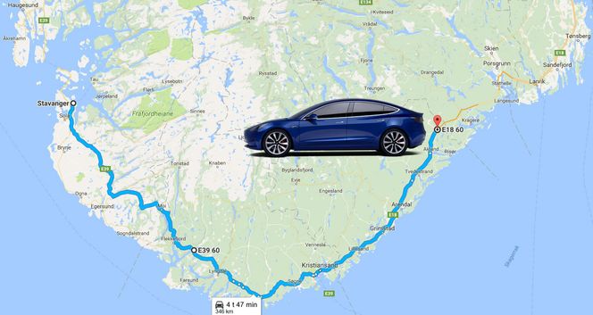 Tesla oppgir en minste rekkevidde på 346 kilometer for sin Model 3. Foto: Google Maps/Tesla/montasje