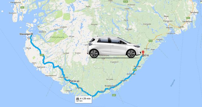 Renault oppgir en praktisk rekkevidde på inntil 321 kilometer for nye Zoe. Foto: Google Maps/Renault/montasje