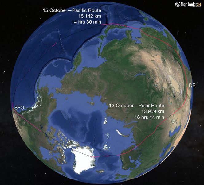 Slik er Air Indias gamle atlanterhavsrute og nye stillehavsrute fra DEL til SFO. Foto:  Flightradar24