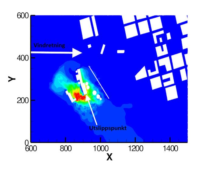 Gassutslipp: Den generelle vindretningen er vist med den ene pilen, mens den andre viser utslippspunktet. De andre hvite arealene er bygninger og en liten skog som er en effektiv hindring for spredning av tunge gasser. Gassen spres i motsatt retning av vindretningen i simuleringen - fordi gassen er tyngre enn luft og at bakken heller nedover mot vindretningen. Det er nettopp slike effekter CFD-metoden kan beregne. Foto: Forsvarets forskningsinstitutt