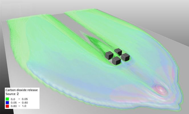 Simulering av spredning av tung gass. Foto: Forsvarets forskningsinstitutt
