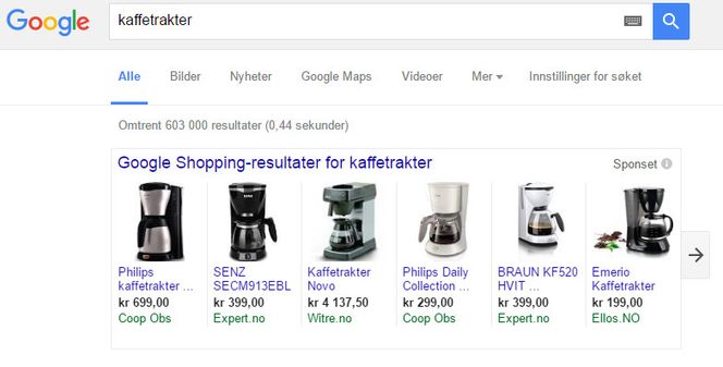Det er Google-annonser som dette mye av striden står om. Google mener de bare er en forbedring av tidligere annonseformater, mens motpartene mener de fører til at de er konkurransehemmende og til skade for forbrukere. Foto: Skjermbilde