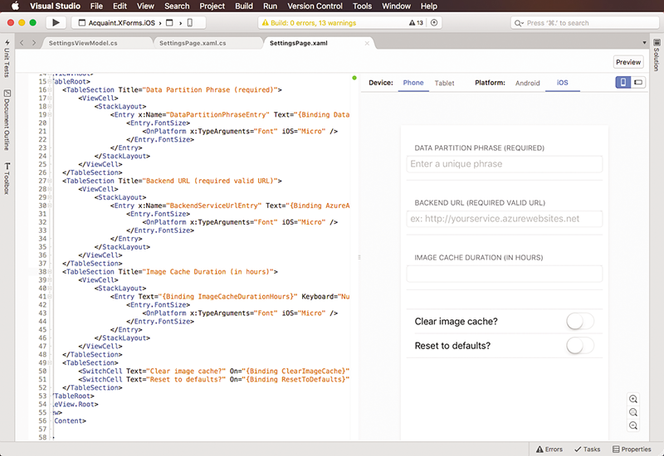 Direkte forhåndsvisning av Xamarin.Forms XAML i Visual Studio for Mac. Foto: Microsoft