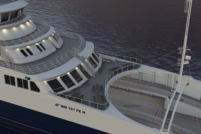 Flakk-Rørvik-fergene får passasjersalong med fritt utsyn i alle retningner for de 390 passasjerene. Foto: Multi Maritime