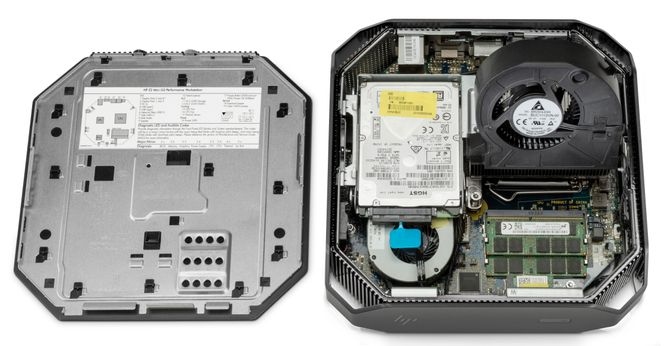 Slik ser Z2 Mini Workstation ut på innsiden. Det er plass til inntil 32 GB ECC-minne. Foto: HP