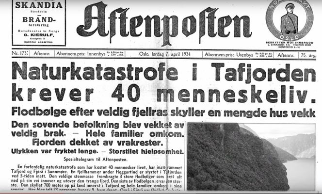 Tafjord-ulykka var en naturkatastrofe som fant sted natt til 7. april 1934 i Tafjorden på Sunnmøre. Et større fjellparti raste ut i fjorden og flodbølgen fra raset raserte store områder og drepte 40 mennesker i Fjørå og Tafjord. Foto: Aftenposten. Foto: Foto