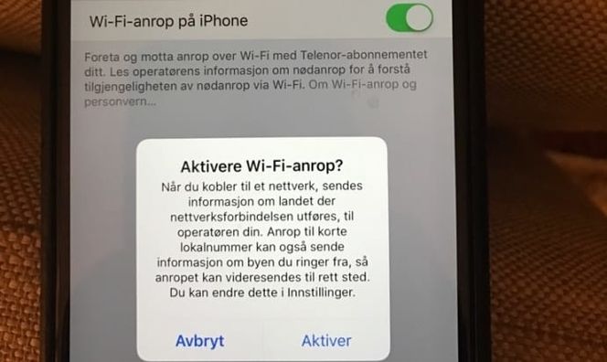 Aktivering av Wi-Fi-anrop på en iPhone. Bilde: Telenor