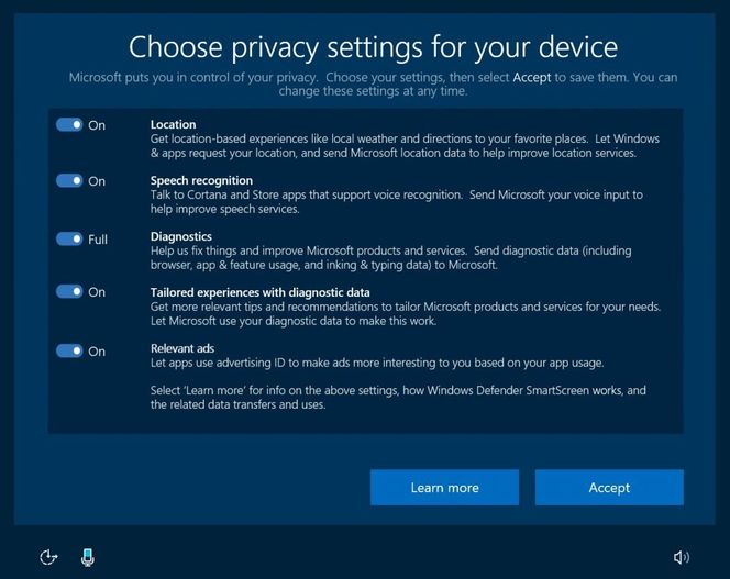 Ved installasjon av eller oppgradering til Windows 10 skal brukerne kunne foreta mer informerte valg om hvilke data som skal kunne deles med Microsoft. Bilde: Microsoft