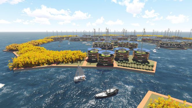 Storm Makes Sense of Shelter kom på delt førsteplass i Seasteading-instituttets designkonkurranse. Energien høstes fra solcellepanel og vindturbiner. Foto: Simon Nummy/ Atkins/ The Seasteading Institute