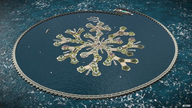 Designerne av Artisanopolis kom på delt førsteplass i designkonkurransen for flytende byer. Dette oversiktsbildet viser hvordan designerne ser for seg byen. Foto: Gabriel Scheare, Luke & Lourdes Crowley, and Patrick White/ Roark 3D/ The Seasteading Institute