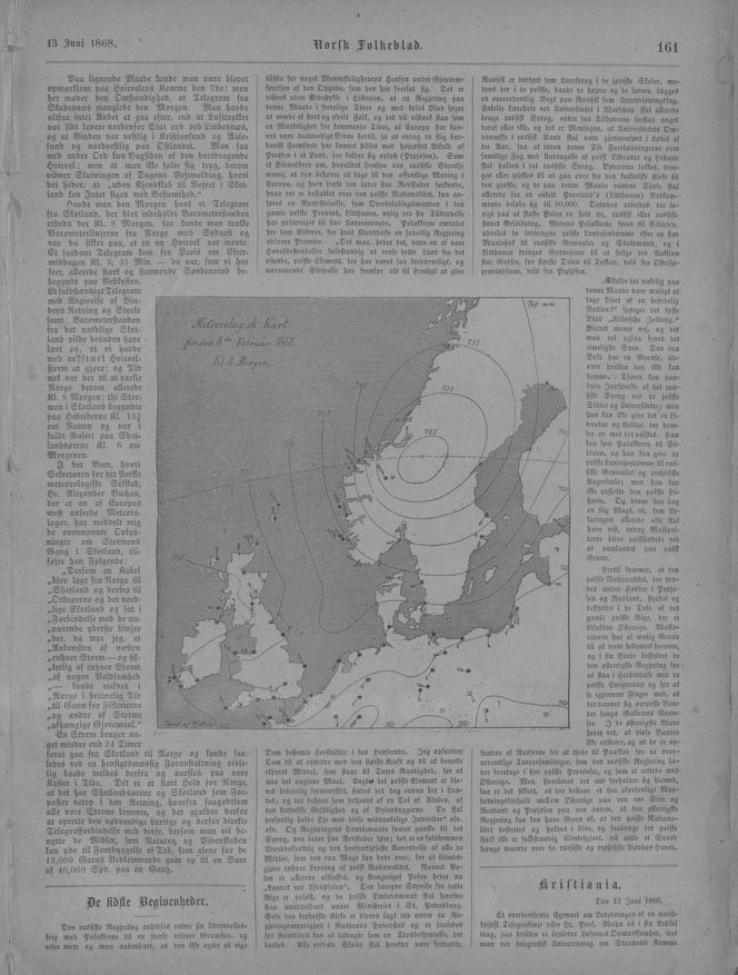 I Norsk Folkeblad for juni 1868 fikk det norske folk for første gang se et synoptisk værkart, da Mohn gjorde rede for et stormsenters vei fra Nordsjøen til fastlandet noen måneder tidligere. Foto: Eies av Universitetsbiblioteket i Oslo