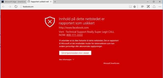 Med et enkelt skript kan man få Edge til advare brukeren mot å besøke for eksempel Facebook. Foto: Skjermbilde