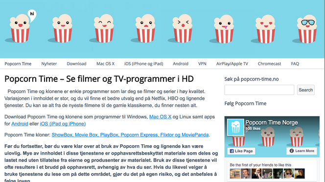 Sånn så popcorn-time.no ut før det ble tatt beslag i av Økokrim 7. mars i fjor. Per dags dato er nettstedet utilgjengelig. Foto: digi.no