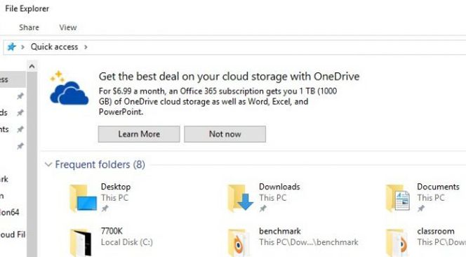 Microsoft har begynt å reklamere for Onedrive i sin filutforsker. Det er ikke første gang Microsoft har reklamert for egne produkter i Windows 10. – Dette imponerer meg ikke i det hele tatt skriver Extremetech skribent Joel Hruska. Foto: Faksimile/Extremetech