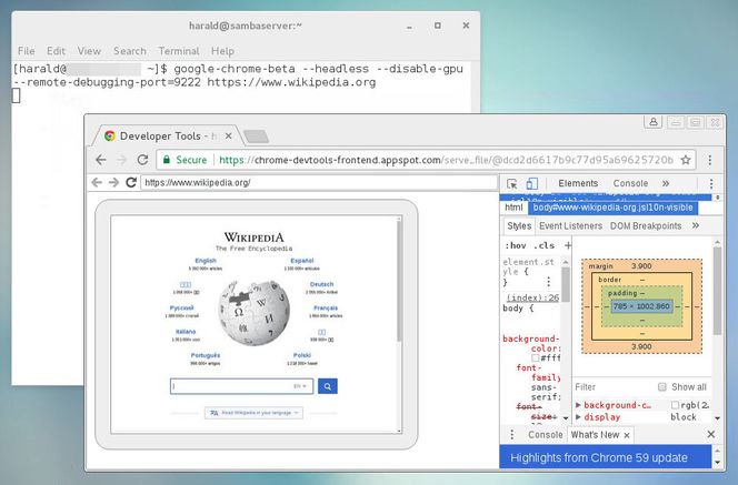 Her har vi i på en Linux-maskin åpnet forsiden til Wikipedia i Chromes headless-modus, samtidig som vi har skrudd på fjerndebugging og lastet dette inn i en annen versjon av Chrome. Bilde: digi.no