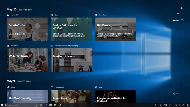 Den nye tidslinjen som kommer i Windows 10 skal gjøre det enklere å fortsatt med arbeid fra der man slapp. Men trolig vil applikasjonsstøtten være begrenset fra starten av. Foto: Microsoft