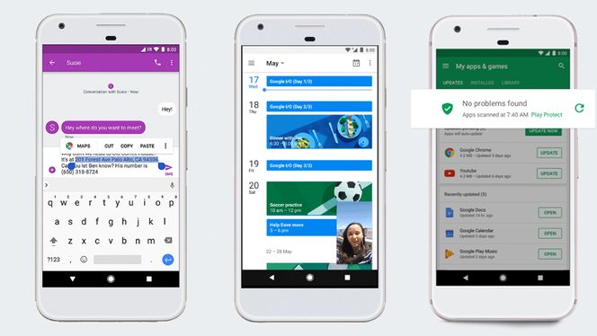 Fra venstre: 1) Funksjonen for å merke tekst har blitt smartere. 2) Bilde-i-bilde-funksjon er en av nyhetene i Android O. 3) Google Play Protect sjekker apper for skadevare. Foto: Google