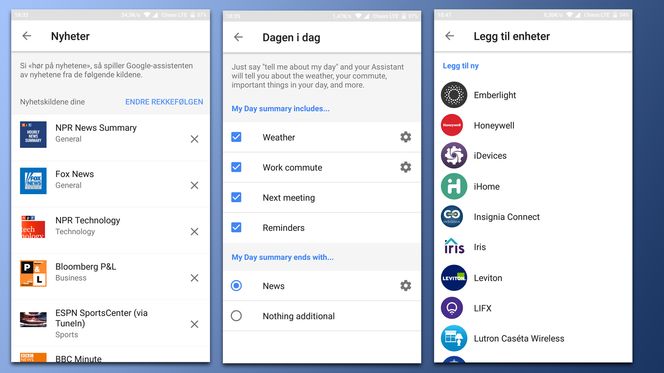 Via appen legger du inn nyhetskilder og kobler Google Home-enheten til kontoer du har hos ulike tjenester, eller til ulike smarthus-enheter.