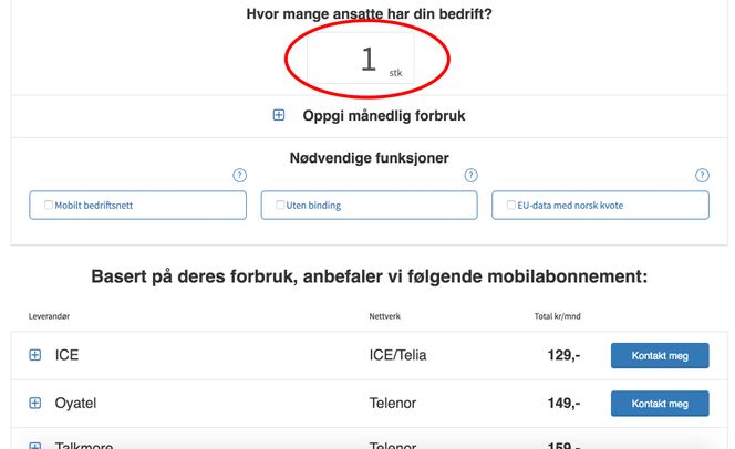 Start med å legge inn hvor mange ansatte dere er i bedriften.