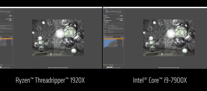 I en Youtube-video demonstrerte AMD at de kjørte Cinebench 15 på en Ryzen Threadripper 1920X og en Intel Core i9-7900X. Foto: Skjermdump fra Youtube