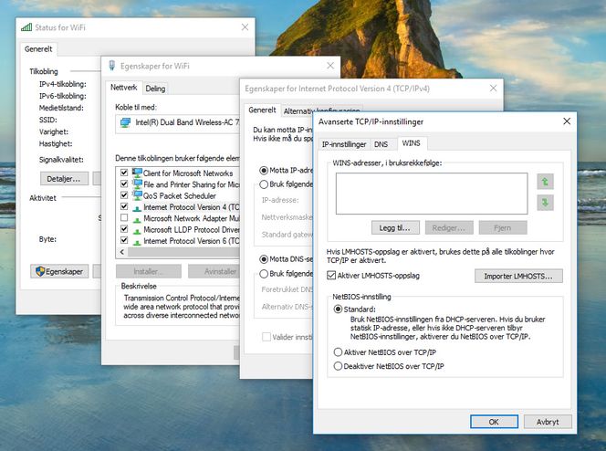 Det er ikke veldig enkelt å finne valget for deaktivering av NetBIOS, her i en norskspråklig utgave av Windows 10.. Foto: Skjermbilde