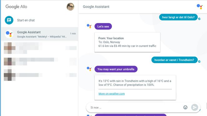 Man kan chatte med Google Assistant som med hvilken som helst annet bruker i Allo.. Bilde: Harald Brombach