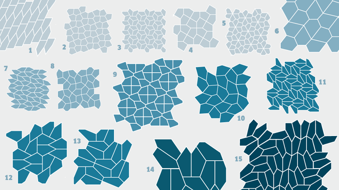 (1-5) De fem første irregulære konvekse femkanter som kan fylle en plan flate ble oppdaget av den tyske matematikeren Karl Reinhardt i 1918. Man trodde lenge at det bare fantes disse fem. (6-8) Nummer 6, 7 og 8 ble oppdaget i 1968 av den amerikanske matematikeren Richard Kershner. (9) En niende ble oppdaget av Richard James III i 1975. (10-13) Nummer 10, 11, 12 og 13 ble oppdaget av Marjorie Rice i 1976 og 1977. (14) Nummer 14 fant Rolf Stein i 1985. (15) Den 15. ble oppdaget av Casey Mann i 2015. Og nå er det bevist at det ikke finnes flere. Foto:  Nanna Skytte/Ing.dk