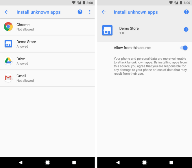 I Android 8.0 får brukerne oversikt over hvilke apper som har tillatelse til å installere andre apper fra ukjente kilder.. Foto: Google