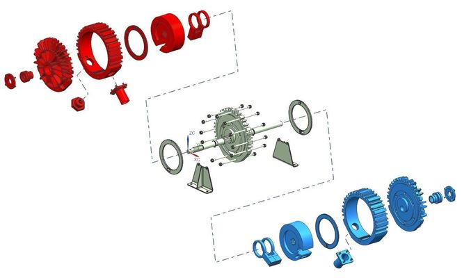 Komplett: Skissen viser den komplette motoren. De blå delene er kaldt kammer for innsug av luft og bensin. De grågrønne delene er midtskive med ventil og drivaksling,. Øverst i bildet ligger varmt kammer for forbrenning og utblåsing, markert med rødt. Til venstre på blå side ligger først skovlen som best kan sammenlignes med stempelringene på en tradisjonell motor. Den sørger for tettingen. Deretter følger stempelet, det er eksentrisk og sørger for at kamrene endrer volum for kompresjon og arbeidstakt (rød side).
