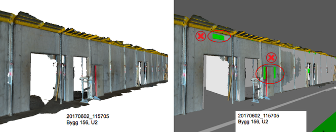 Dokumenterer avvik: Bildet til venstre viser resultatet av scanning med mobiltelefon. Til høyre er det sjekket mot BIM-modellen og det er funnet avvik. De to grønne feltene til høyre er utsparinger som mangler. Det viste seg at det var gjort en feil fra prosjekterendes side, utsparingene skulle ikke vært der, og utførelsen var korrekt selv om tegningene viste at det skulle vært utsparinger. Det grønne feltet lenger til venstre viser også en utsparing som manglet, her var det feil utført fra entreprenørens side. Statsbygg fikk her anledning til å utbedre både BIM-modellen og feil utførelse i løpet av få dager.. Foto:  Imerso