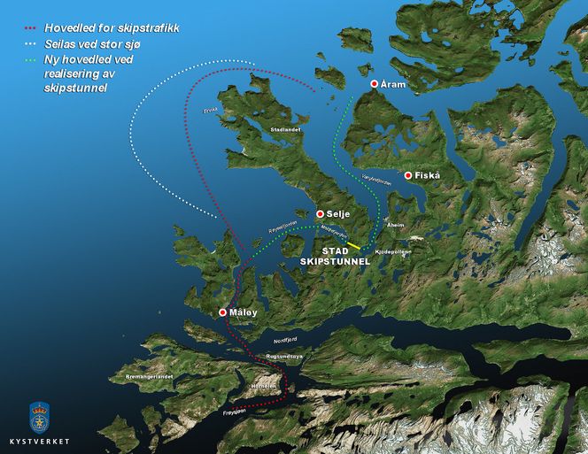 Værhardt: På grunn av spesielle grunnforhold blir det farlige bølger rundt Stad når det er tøft vær. Skipstunnel betyr store samfunnsbesparelser, ifølge Sintef. Bilde: Kystverket