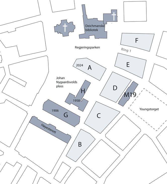 Oversiktskart av anbefalingen for nytt regjeringskvartal. Bilde:  Statsbygg