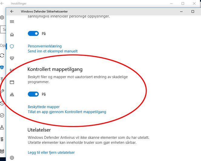Her kan man aktivere Kontrollert mappetilgang i den nye Windows 10 Fall Creators Update. Bilde: digi.no