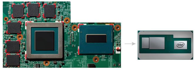Den nye brikken tar betydelig mindre plass enn et tradisjonelt design med diskret grafikkprosessor og grafikkminne. Bilde: Intel Corporation