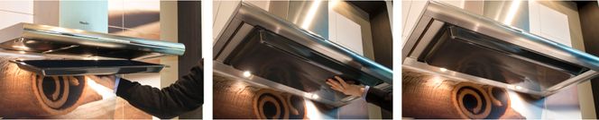 Brettet sitter klistret til filteret og demonstrerer at et 10-lags fettfilter ikke påvirker luftgjennomstrømningen - lukten vil finne veien ut, men ikke fettet.