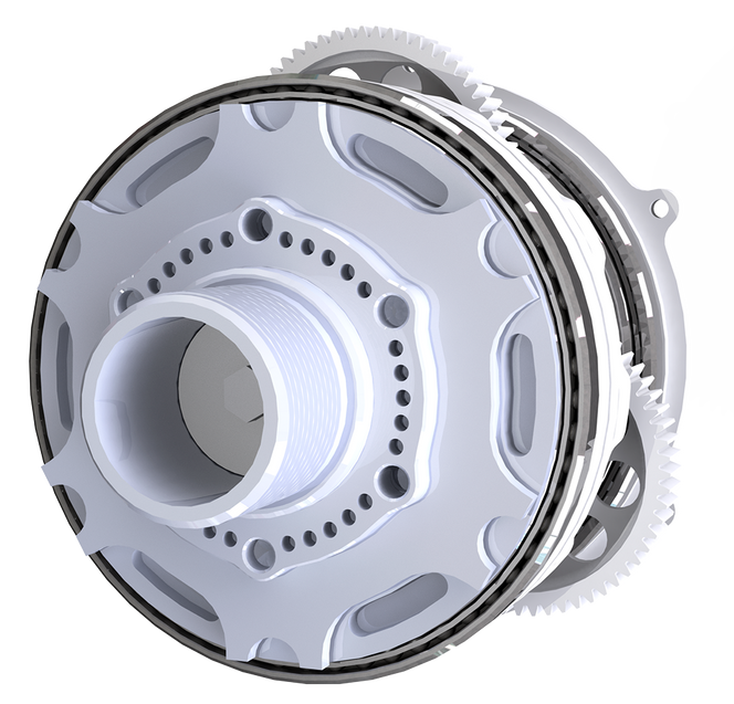 Render av det nye hjullageret med planetgir og Kaydon-lager rundt.