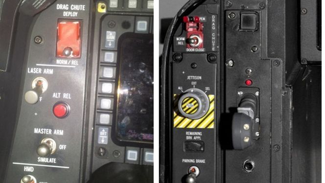 Bremseskjermutløserknappen i henholdsvis F-16 (t.v) og F-35.