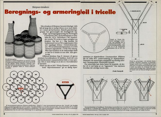 Her er Teknisk Ukeblads artikkel om årsaken til at Sleipnerunderstellet sank i 1991. Bilde:  Faksimile Teknisk Ukeblad